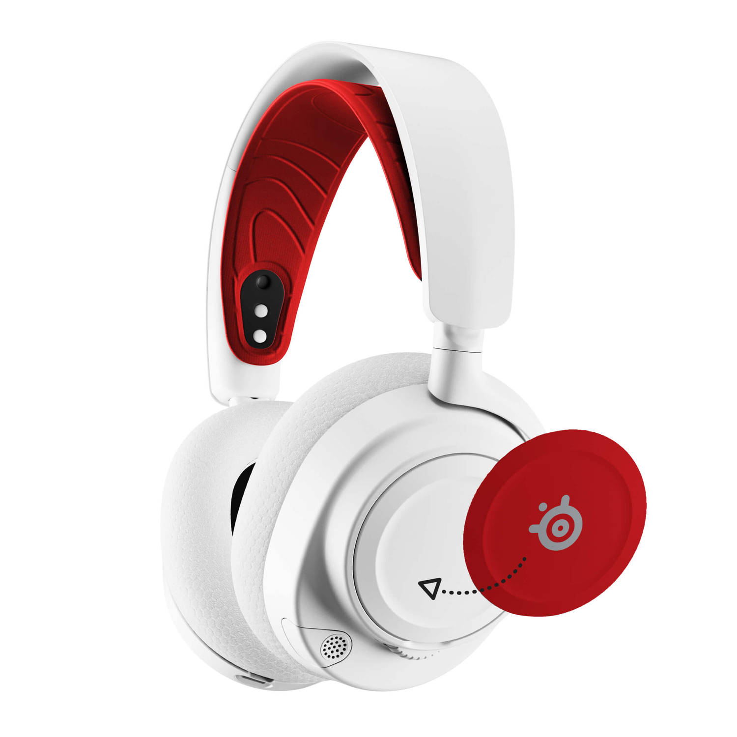 White headphones with red accents, including the headband interior and logo disc. The logo disc is red with a gray logo and text.