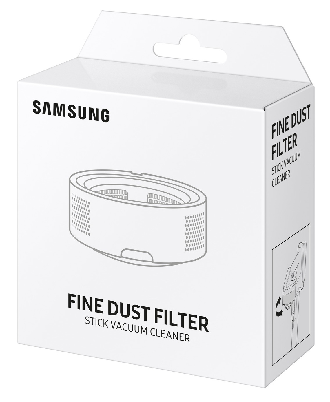 Białe pudełko Samsunga pokazuje filtr drobnego pyłu do odkurzacza pionowego. Tekst i diagram są obecne.