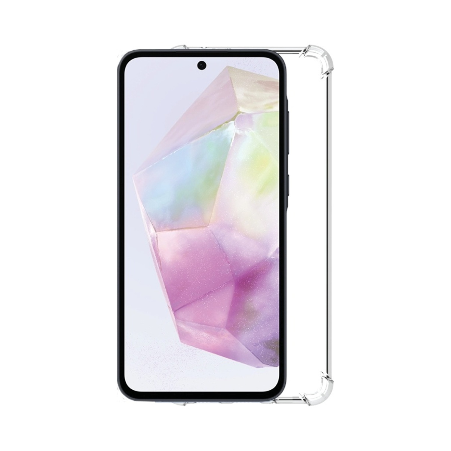 Uno smartphone con una custodia trasparente. Lo schermo mostra un motivo geometrico colorato. Lo sfondo è bianco.