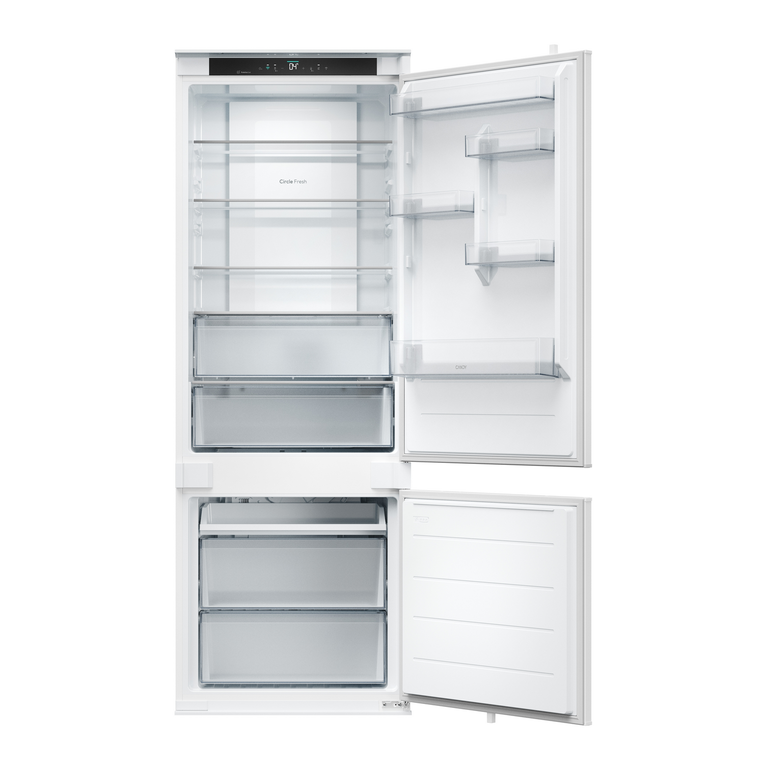 Un refrigerador blanco abierto. Tiene dos puertas abiertas, revelando estantes, cajones e iluminación interior. La pantalla muestra la temperatura.