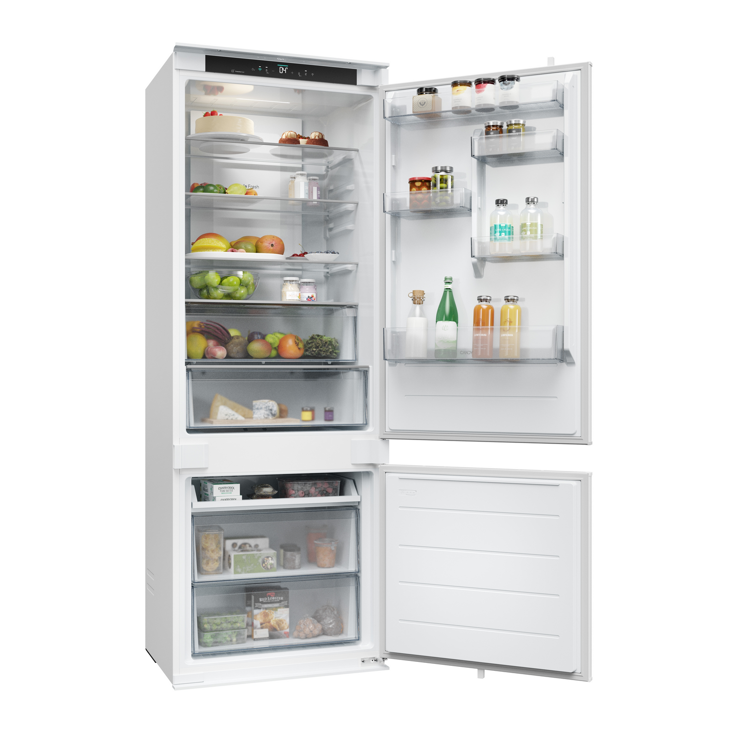 Un refrigerador blanco con la puerta abierta, mostrando estantes llenos de alimentos como frutas, verduras, frascos y botellas. La puerta inferior está abierta.