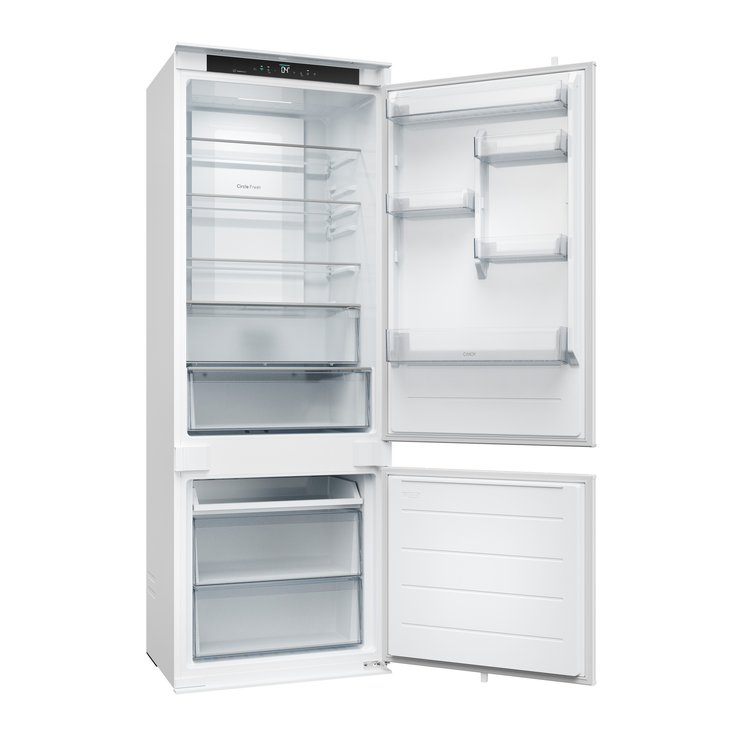 Un refrigerador blanco con la puerta abierta. En el interior hay estantes y cajones. La puerta del congelador también está abierta.