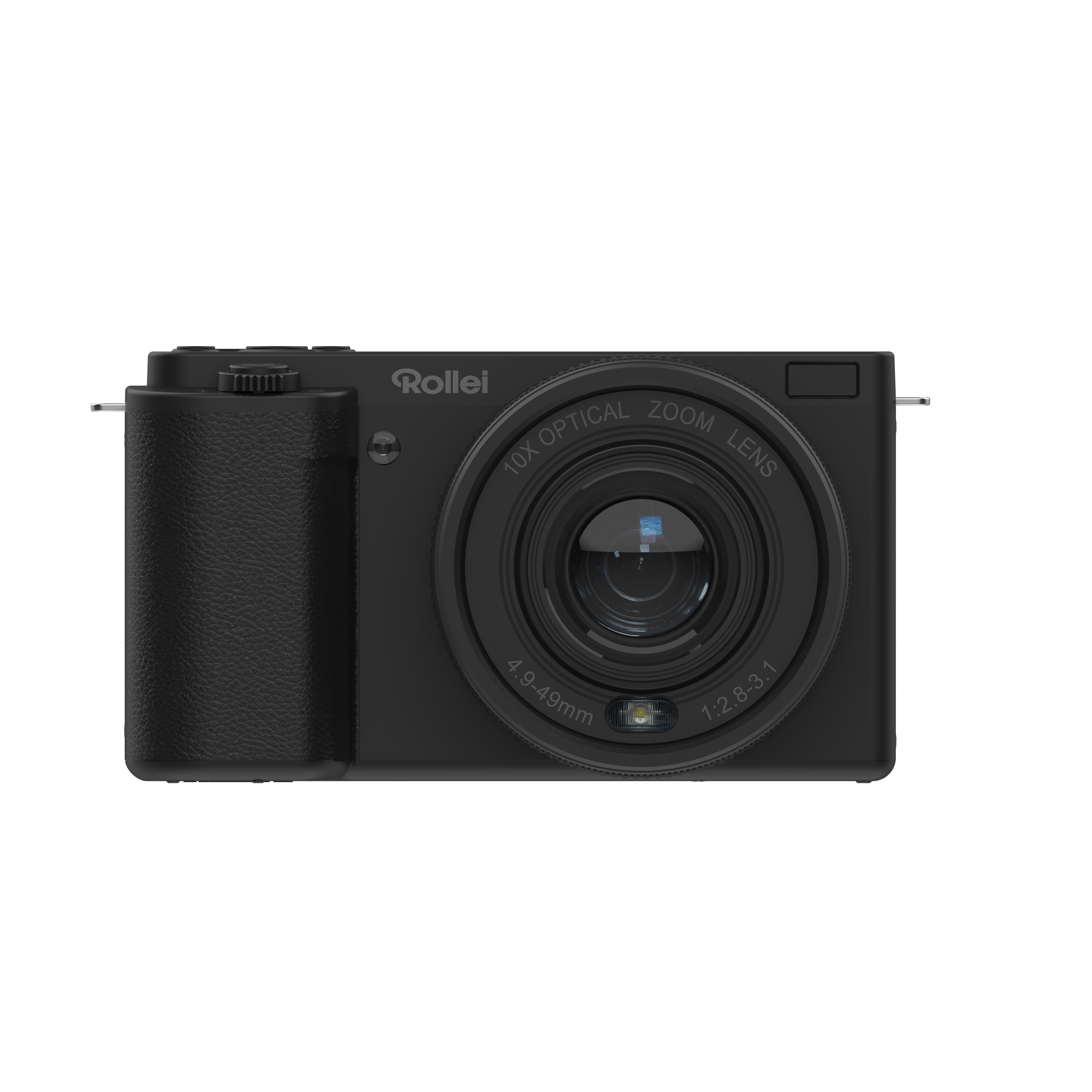 Eine schwarze Rollei-Kamera vor schwarzem Hintergrund. Das Objektiv ist prominent, mit Zoomdetails.