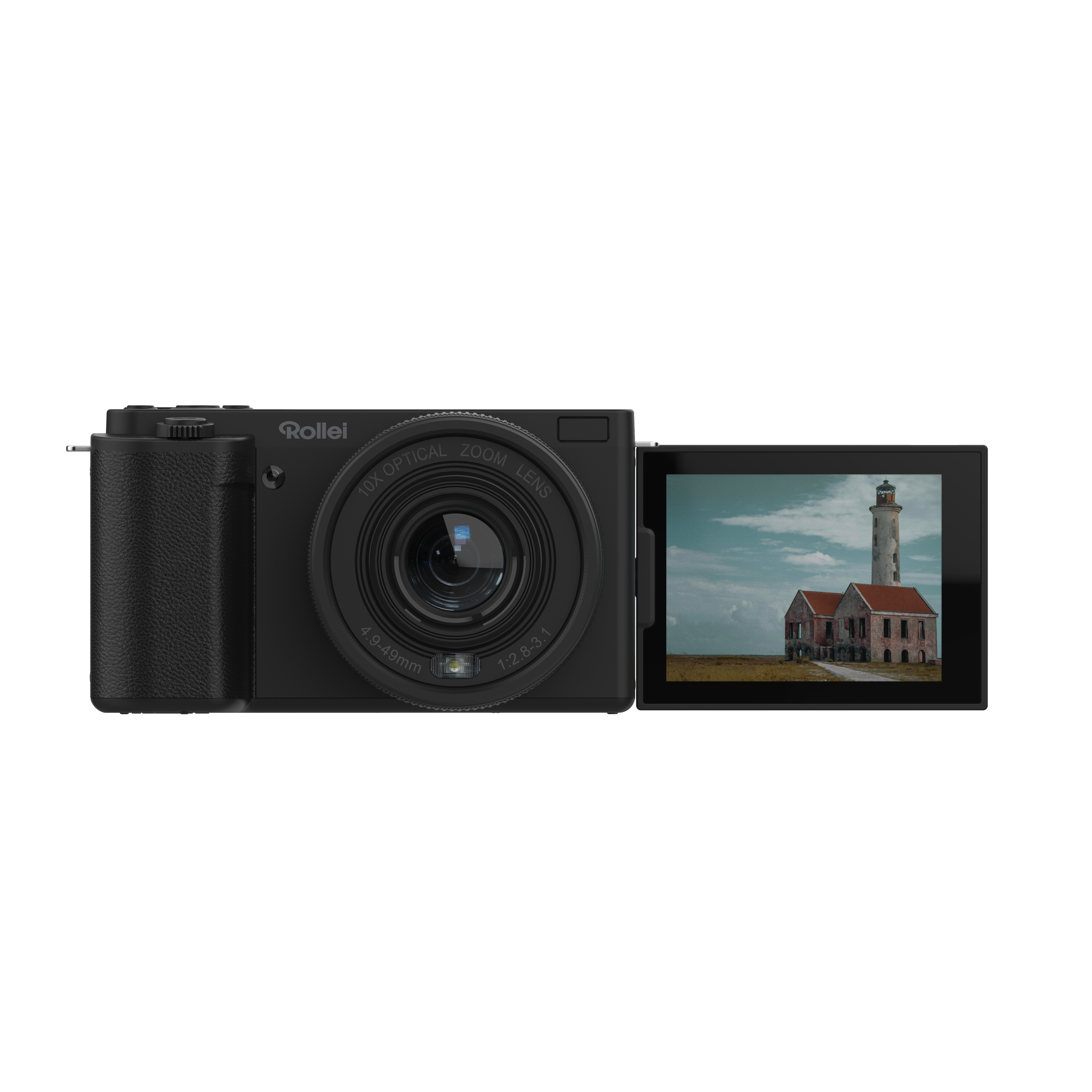 Eine schwarze Rollei-Kamera mit einem Bildschirm, der einen Leuchtturm und Gebäude unter bewölktem Himmel zeigt, vor schwarzem Hintergrund.
