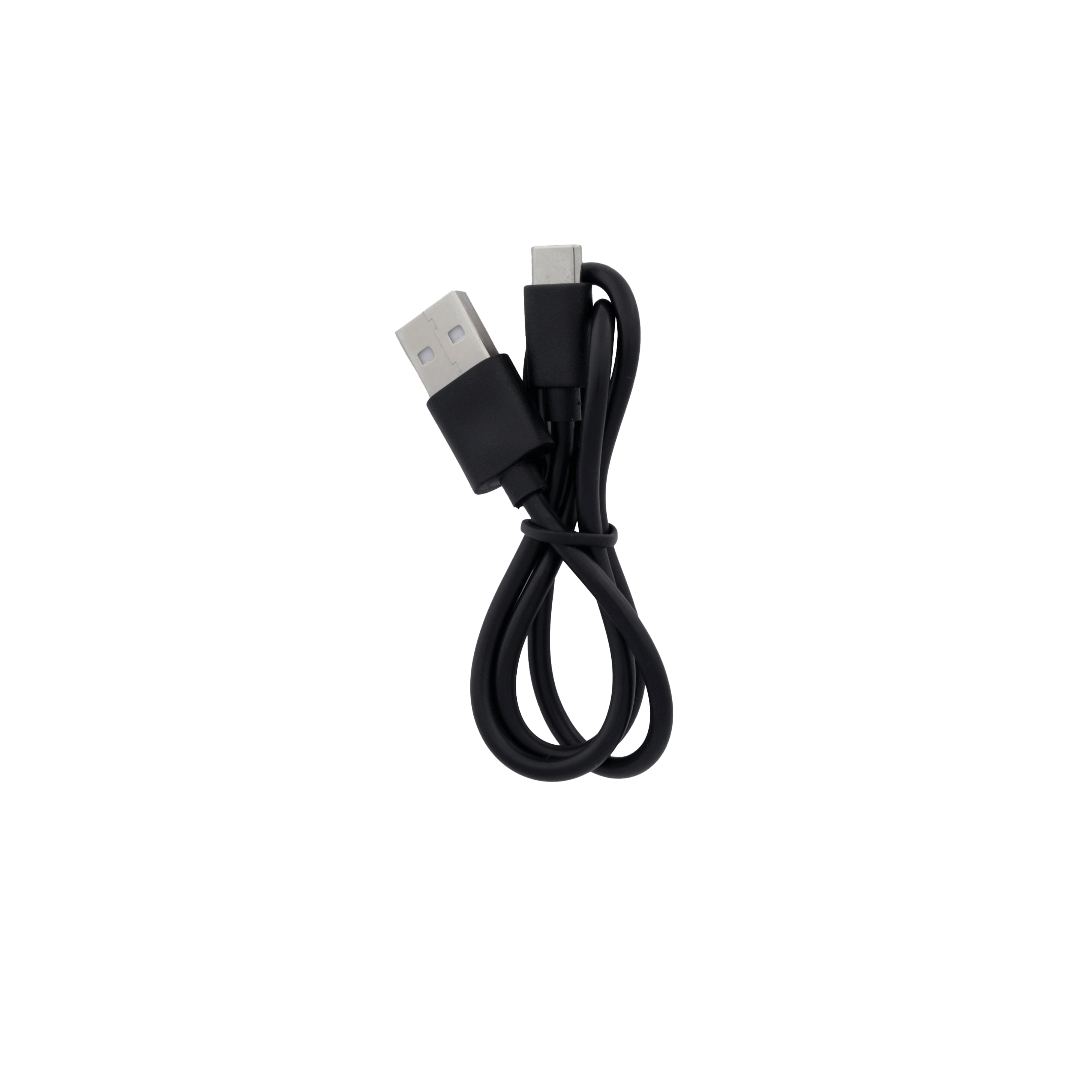 Ein schwarzes USB-Kabel mit USB-A- und USB-C-Anschlüssen liegt auf schwarzem Hintergrund. Das Kabel ist aufgerollt.