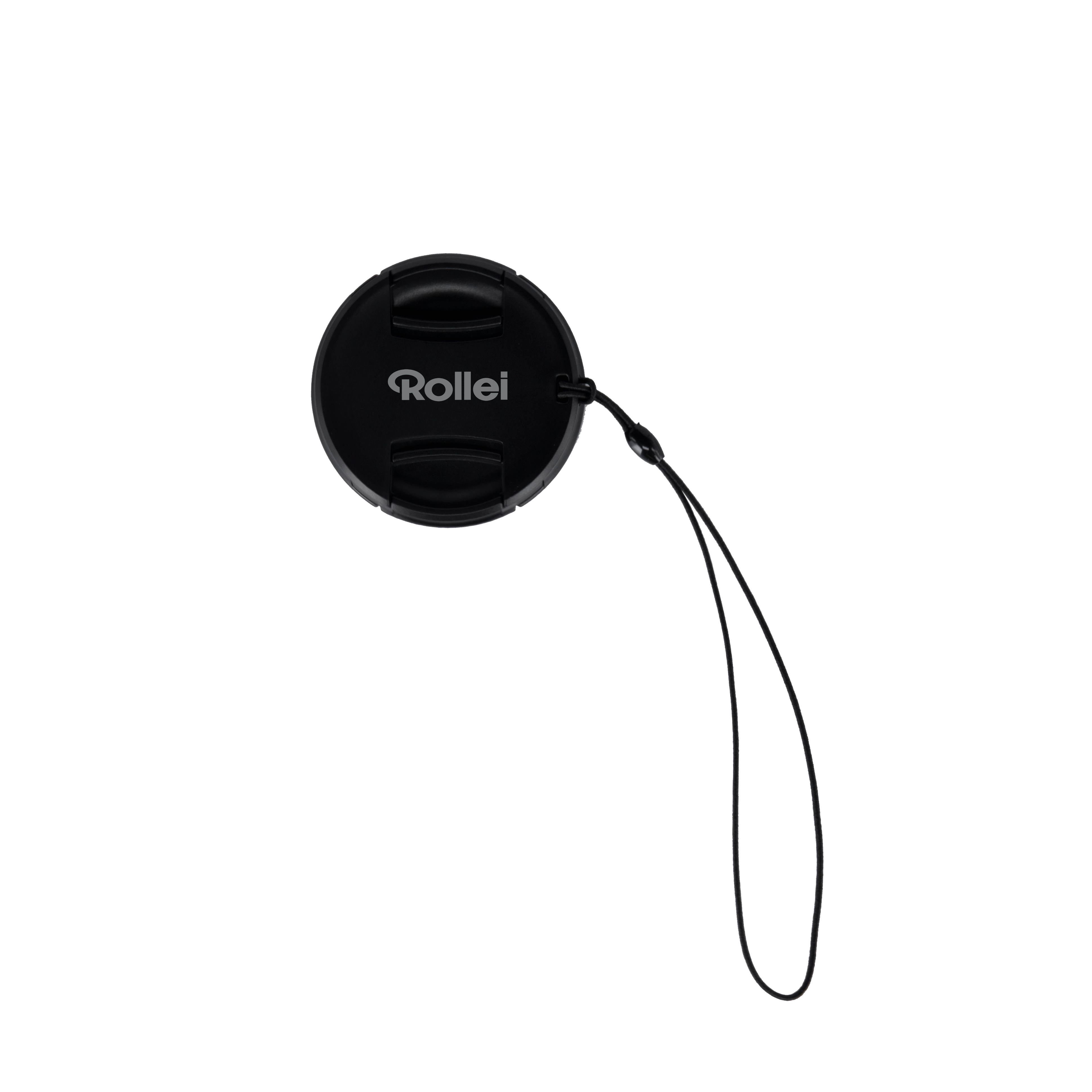 Eine schwarze Rollei-Objektivkappe mit einem Band. Die Kappe ist kreisförmig mit dem weißen Rollei-Logo.