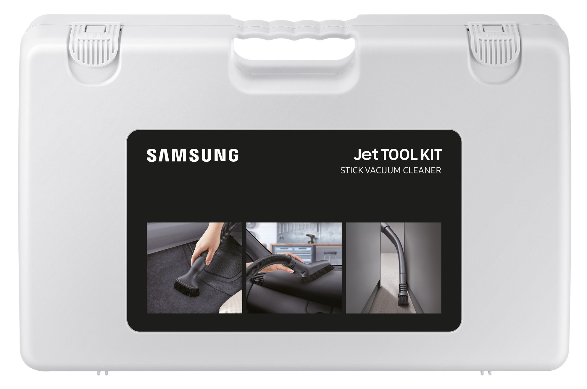 Walizka Samsung Jet Tool Kit. Zawiera odkurzacz pionowy. Obrazy pokazują odkurzanie samochodu i narożnika. Biała walizka, czarny tekst.