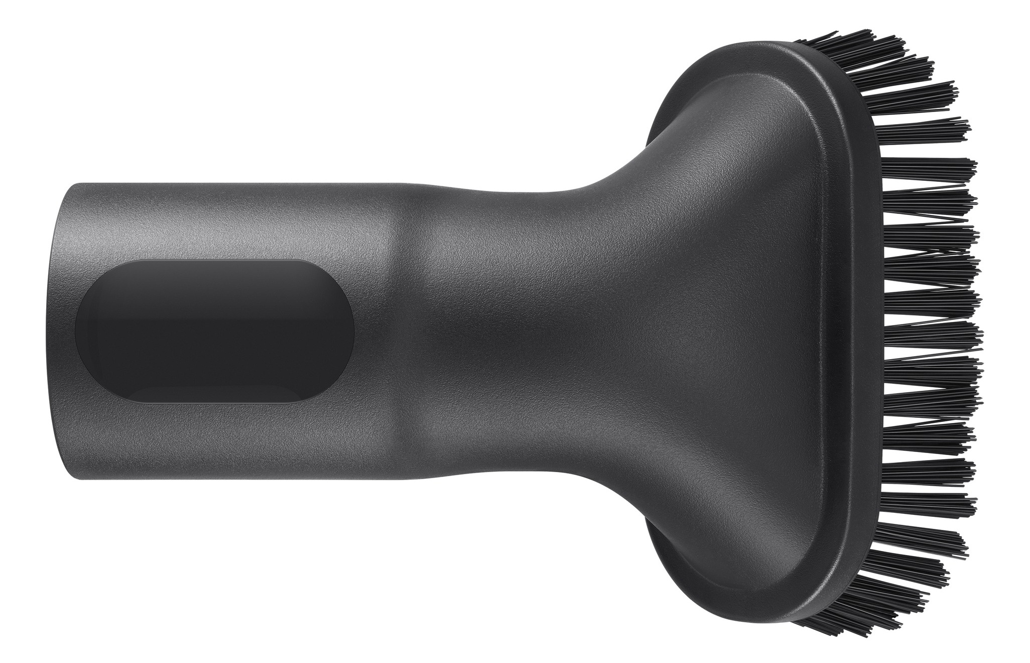 Czarna głowica szczotki do odkurzacza. Ma długi, cylindryczny korpus i szczotkę z czarnym włosiem.