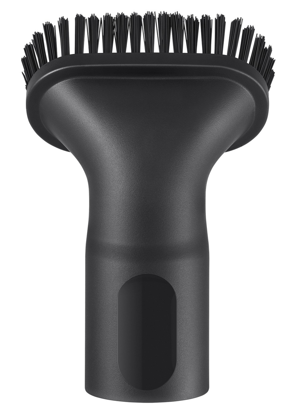 Czarna głowica szczotki do odkurzacza. Ma włosie po jednej stronie i cylindryczny korpus z owalnym wycięciem.