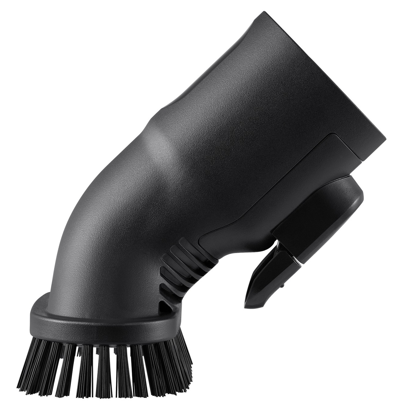 Czarny osprzęt do odkurzacza ze szczotką i kątową dyszą. Zawiera głowicę szczotki i uchwyt ze spustem.