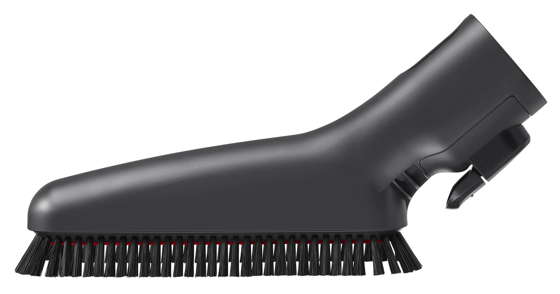 Czarny osprzęt do odkurzacza ze szczotką i uchwytem na białym tle. Szczotka ma czarne włosie z czerwonymi akcentami.