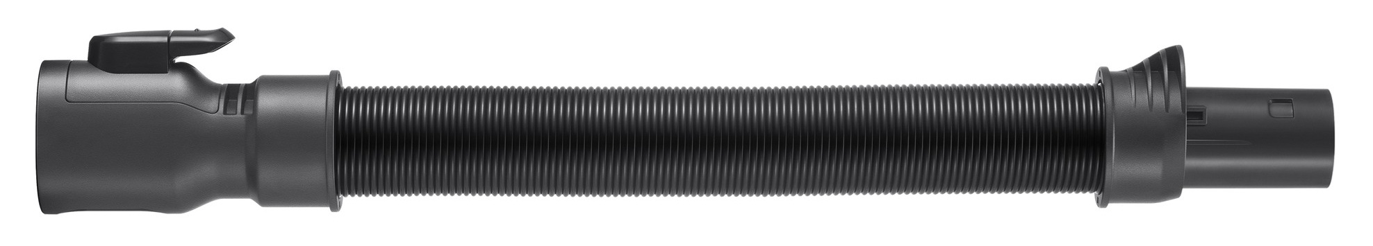 Czarny wąż do odkurzacza z żebrowanym korpusem i końcówkami łączników. Wąż leży na białym tle.