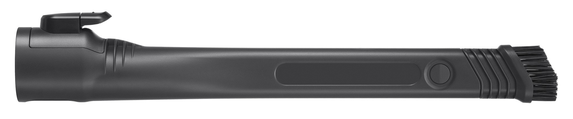 Szara nasadka do odkurzacza. Ma uchwyt, długą rurę i głowicę szczotkową. Tło jest białe.