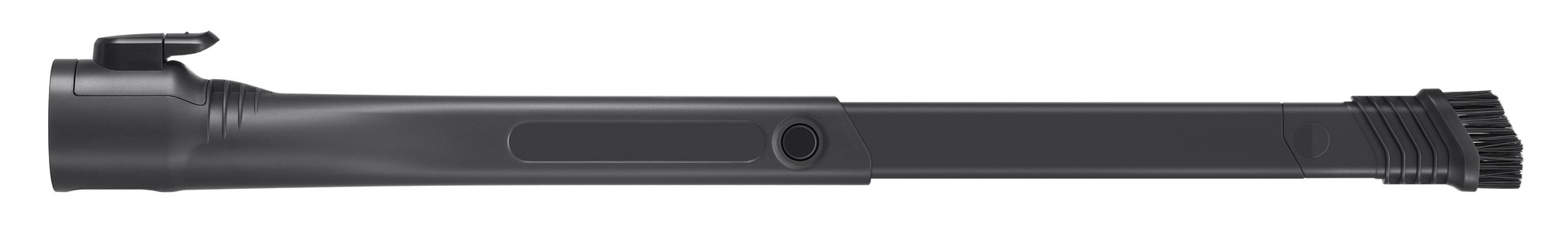 Szara przystawka do odkurzacza z uchwytem, przyciskiem i główką szczotki na białym tle.