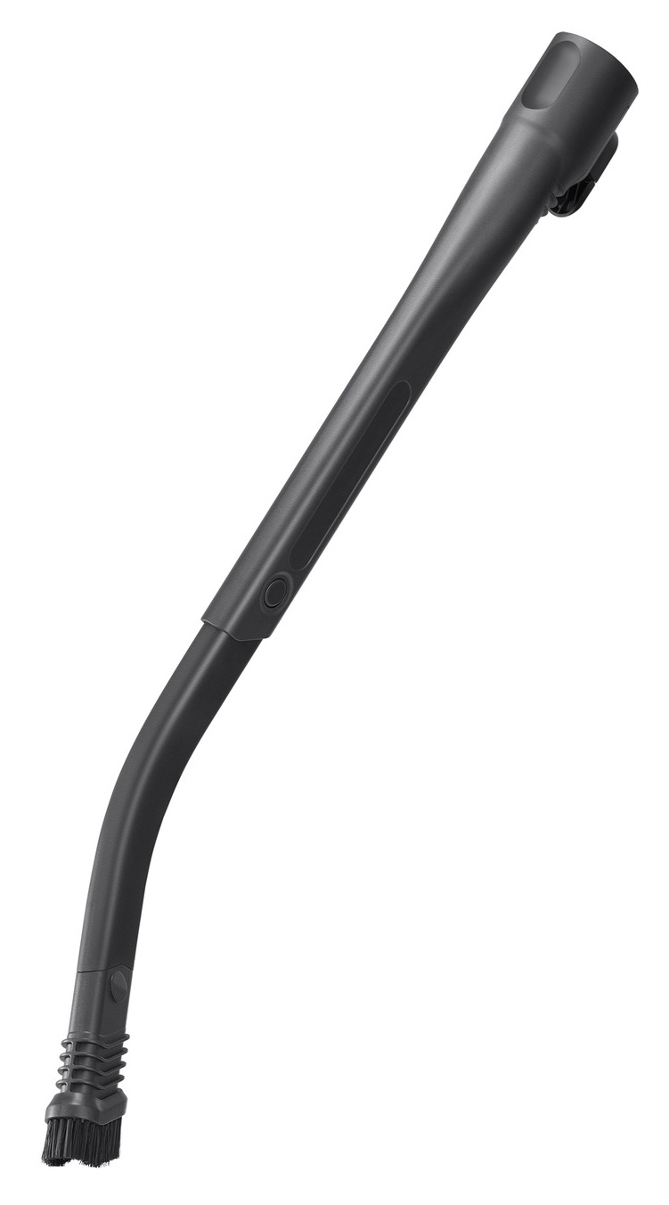 Czarny osprzęt do odkurzacza z zakrzywioną konstrukcją, głowicą szczotkową i przyciskiem. Na białym tle.