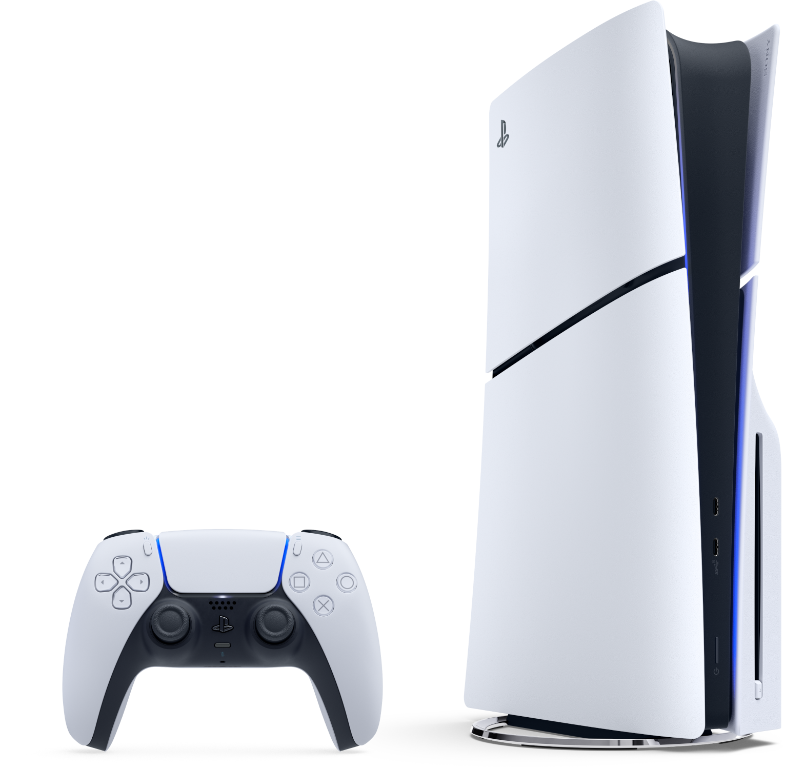 Egy fehér-fekete Playstation 5 konzol és egy hozzáillő vezérlő fekete háttér előtt.