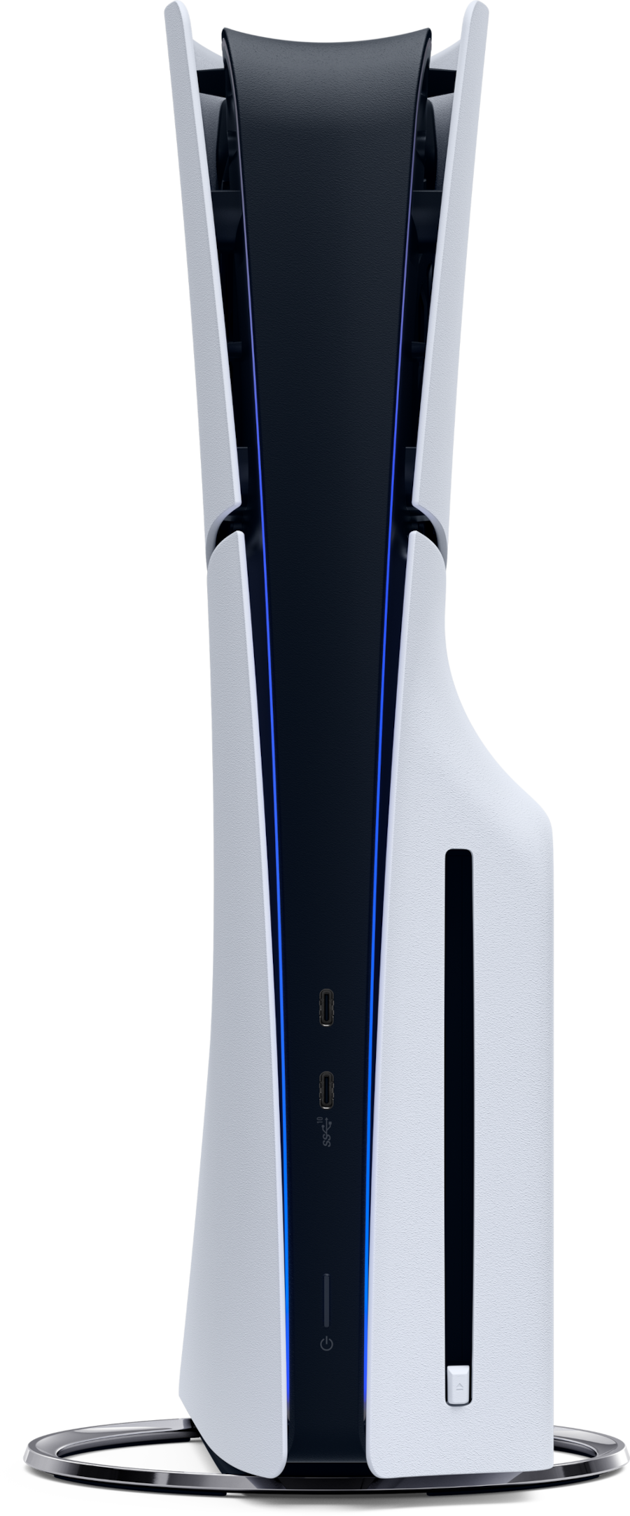 Egy függőleges PlayStation 5 konzol. Fehér, fekete középrésszel. Portok és bekapcsológomb található rajta. Fém állványon van.