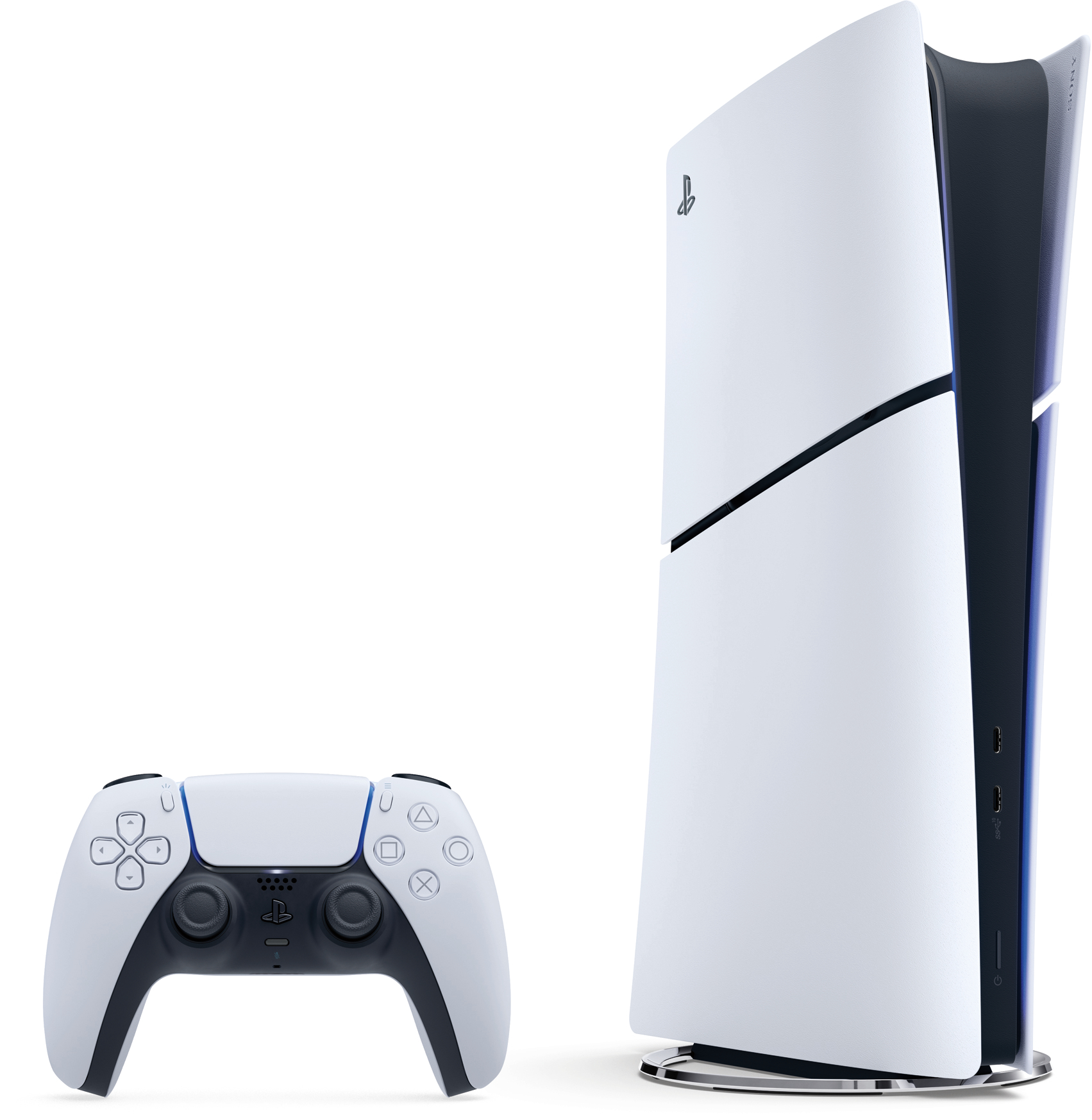 Fehér és fekete Playstation 5 konzol és kontroller fehér háttér előtt. A konzol függőleges.