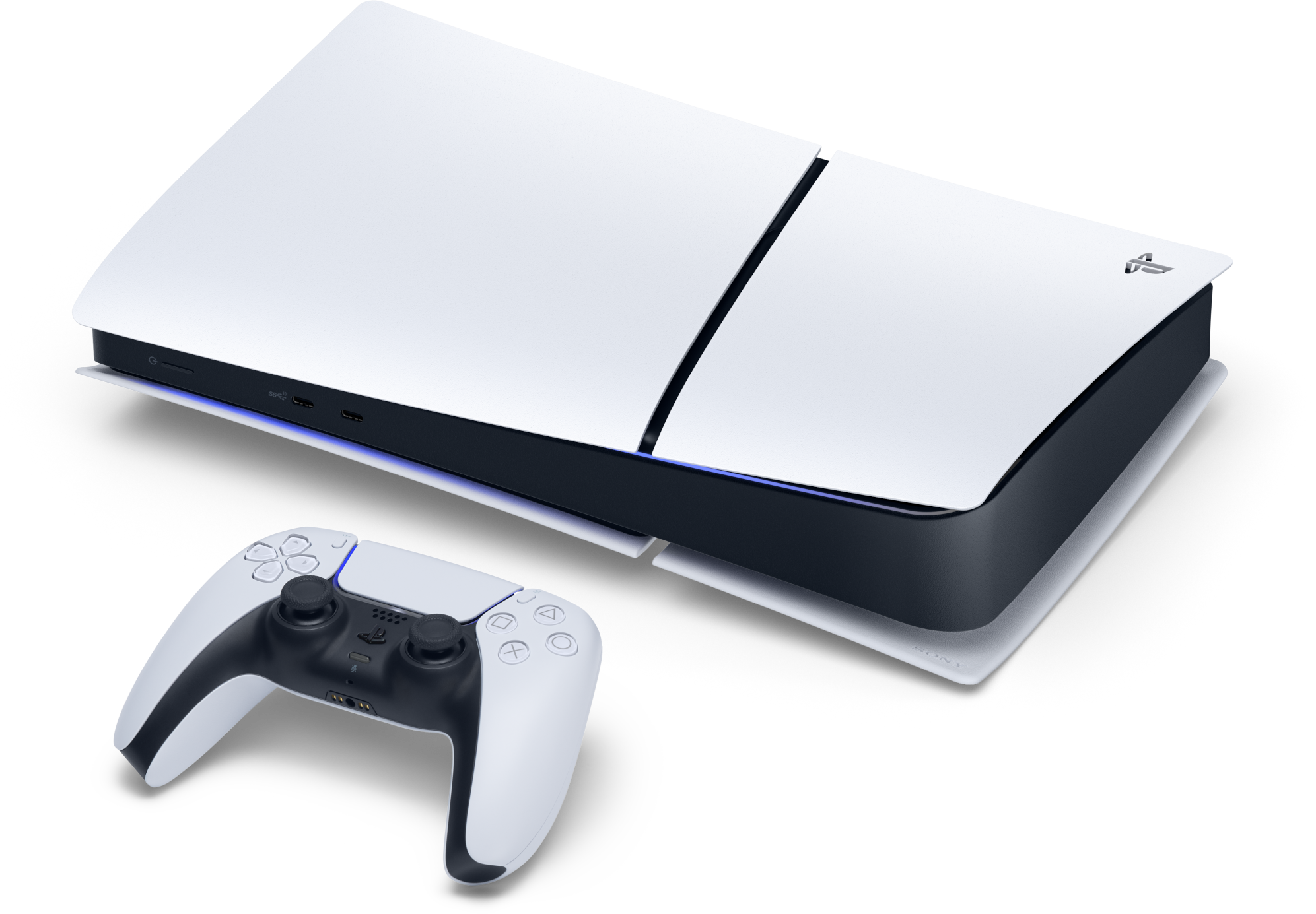 Egy fehér és fekete Playstation 5 konzol és vezérlő látható fekete háttér előtt. A konzol ferdén van.