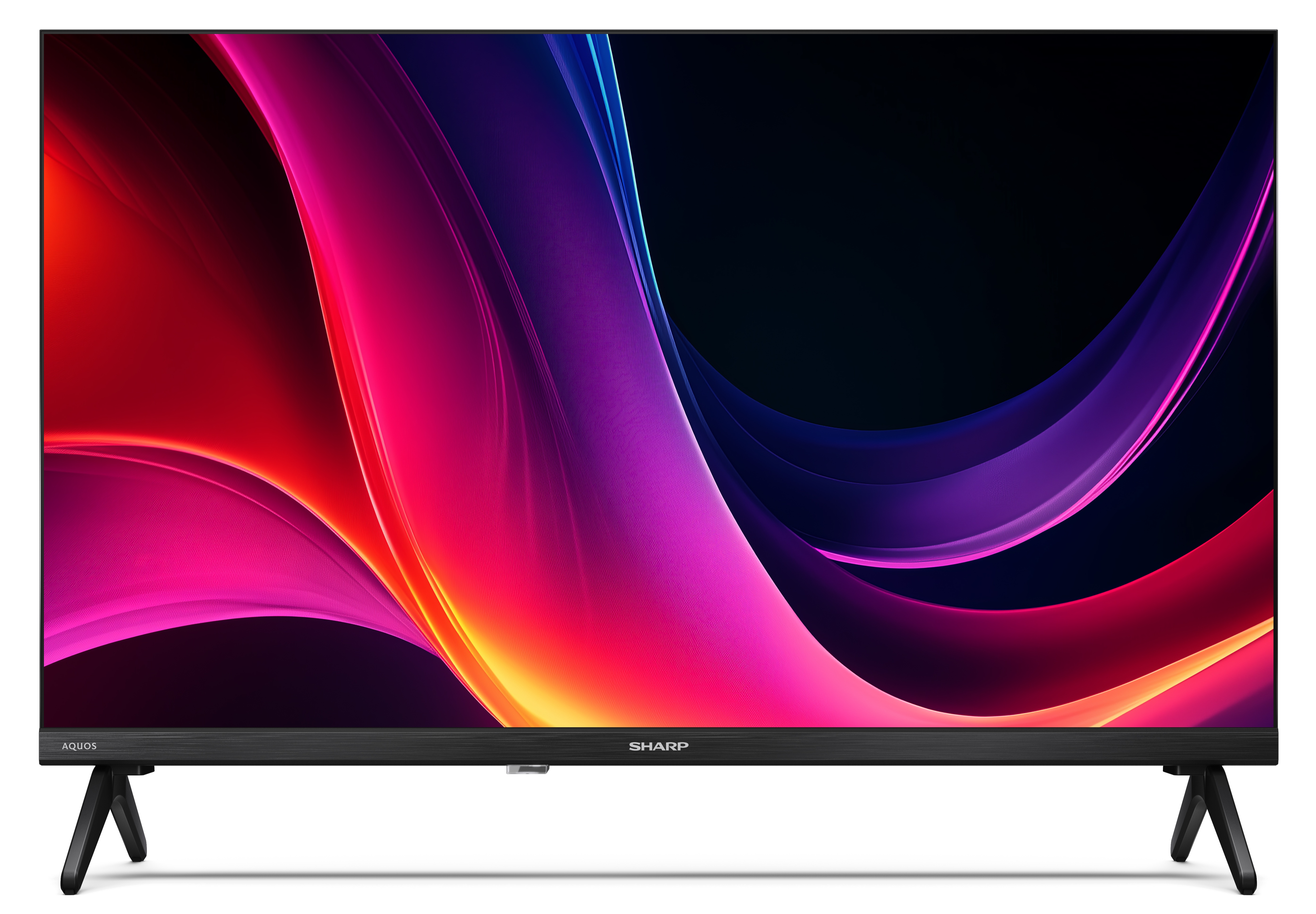 Telewizor Sharp Aquos wyświetla kolorowy obraz abstrakcyjny. Ma czarne nogi i ramę. Ekran wyświetla czerwony, fioletowy i pomarańczowy.