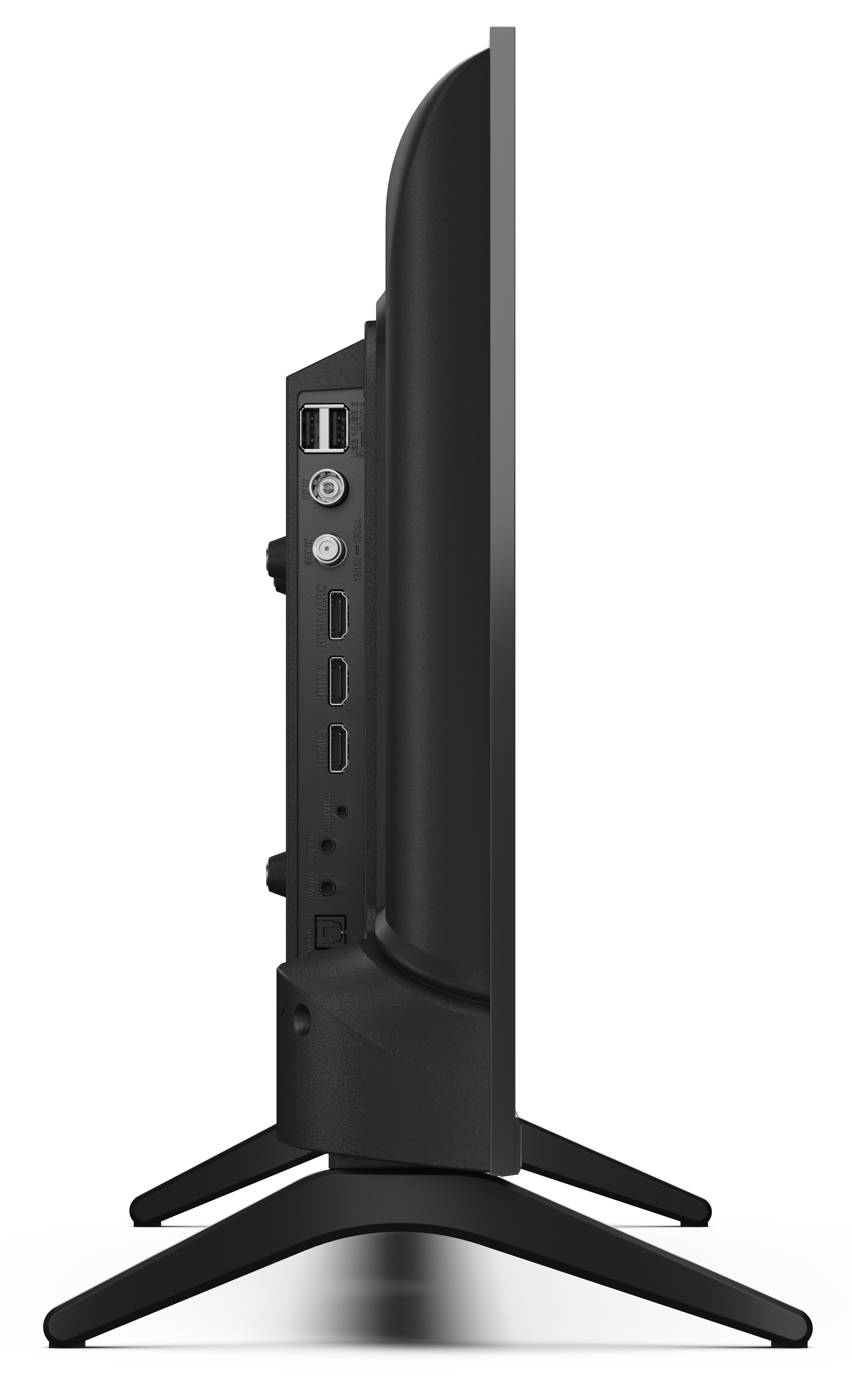 Widok z boku czarnego telewizora. Posiada porty, wejścia i podstawę. Tło jest białe.