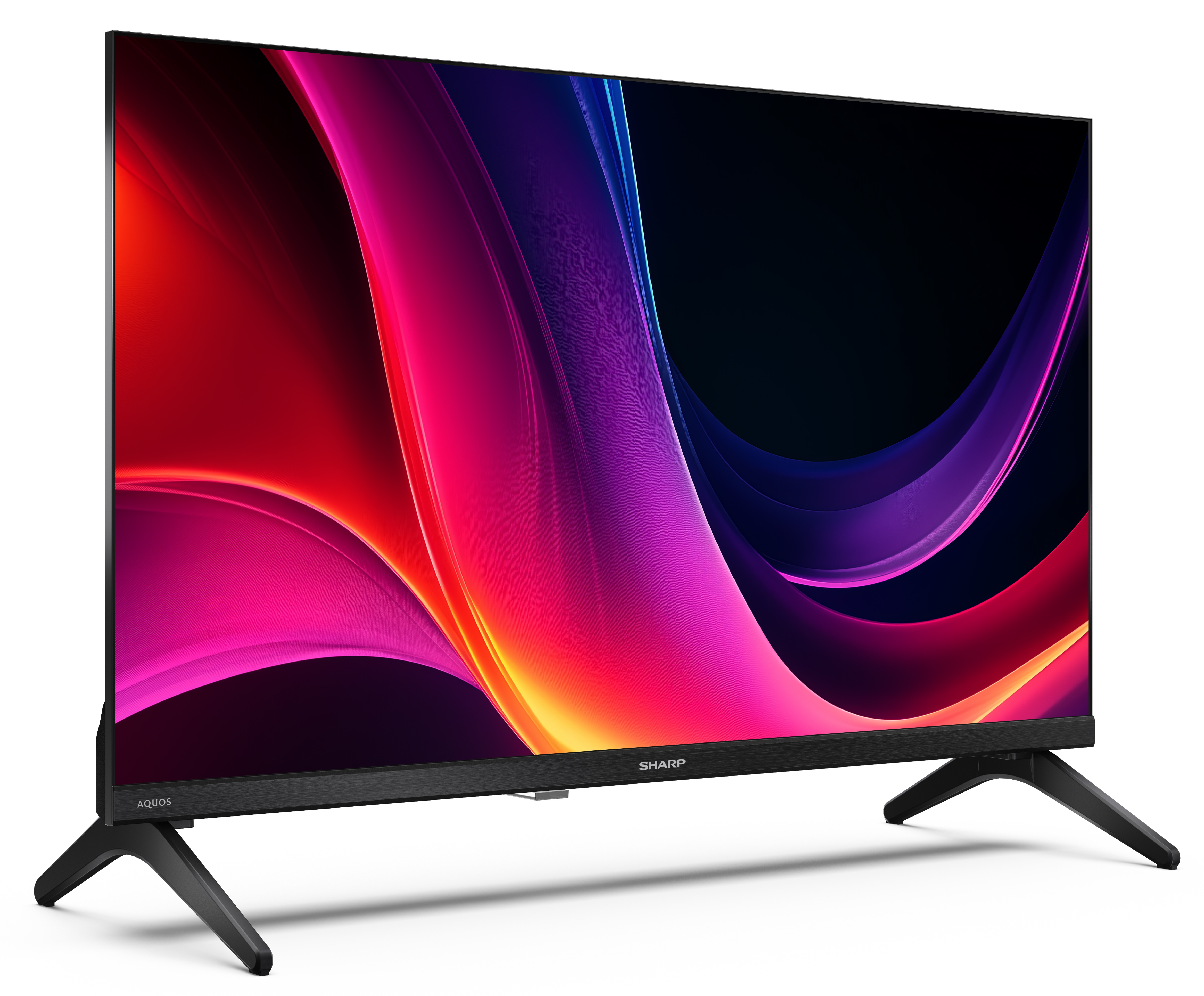 Telewizor Sharp Aquos. Ekran wyświetla kolorowy, abstrakcyjny wzór. Jest czarny, z kątowymi nogami.