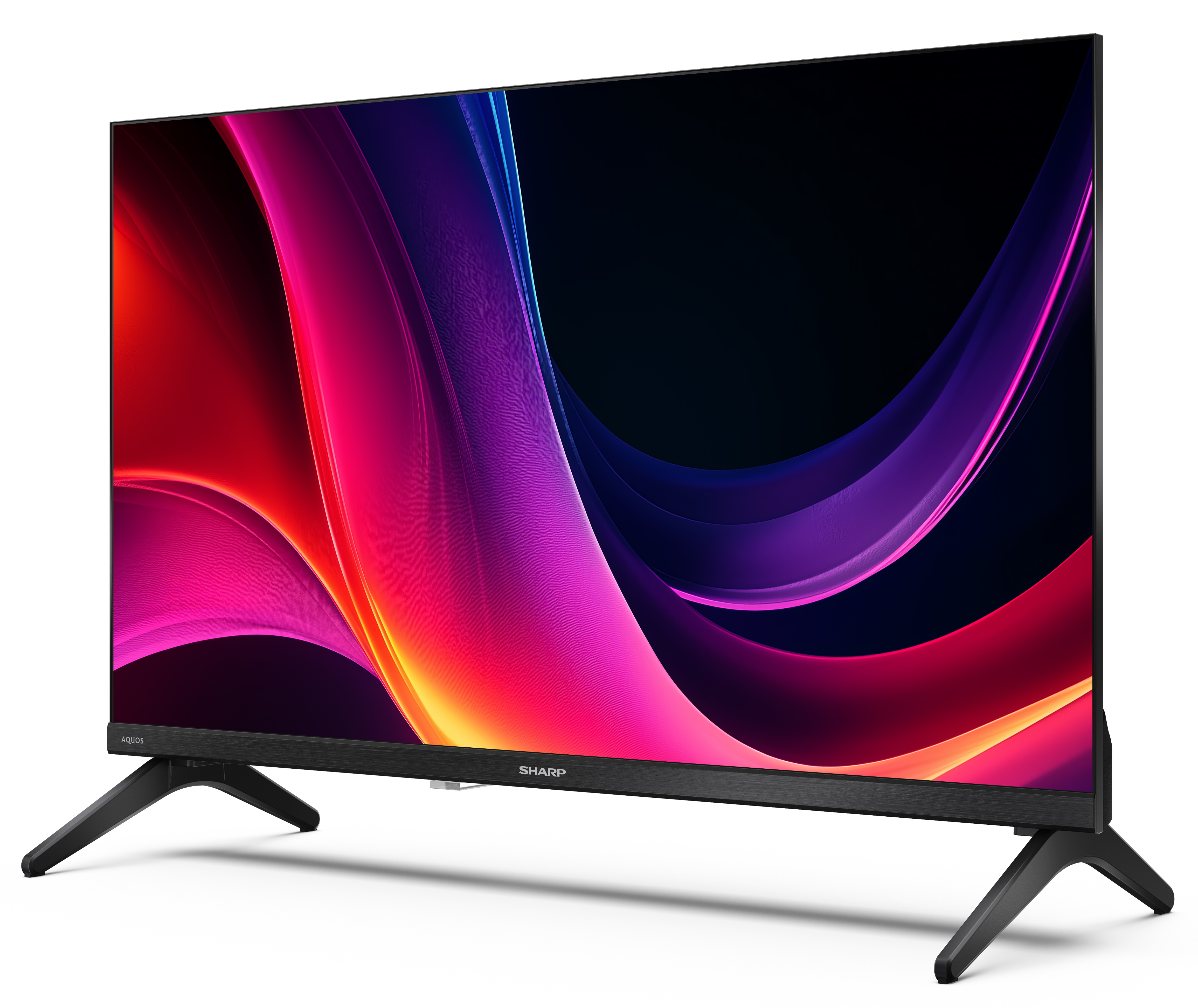 Telewizor Sharp z kolorowym, abstrakcyjnym wyświetlaczem. Ma czarną ramę i nóżki.