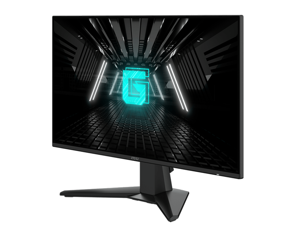 Egy gamer monitor egy futurisztikus alagutat jelenít meg, világító 'G' logóval. Fekete, neon színekkel, látható az MSI logó.