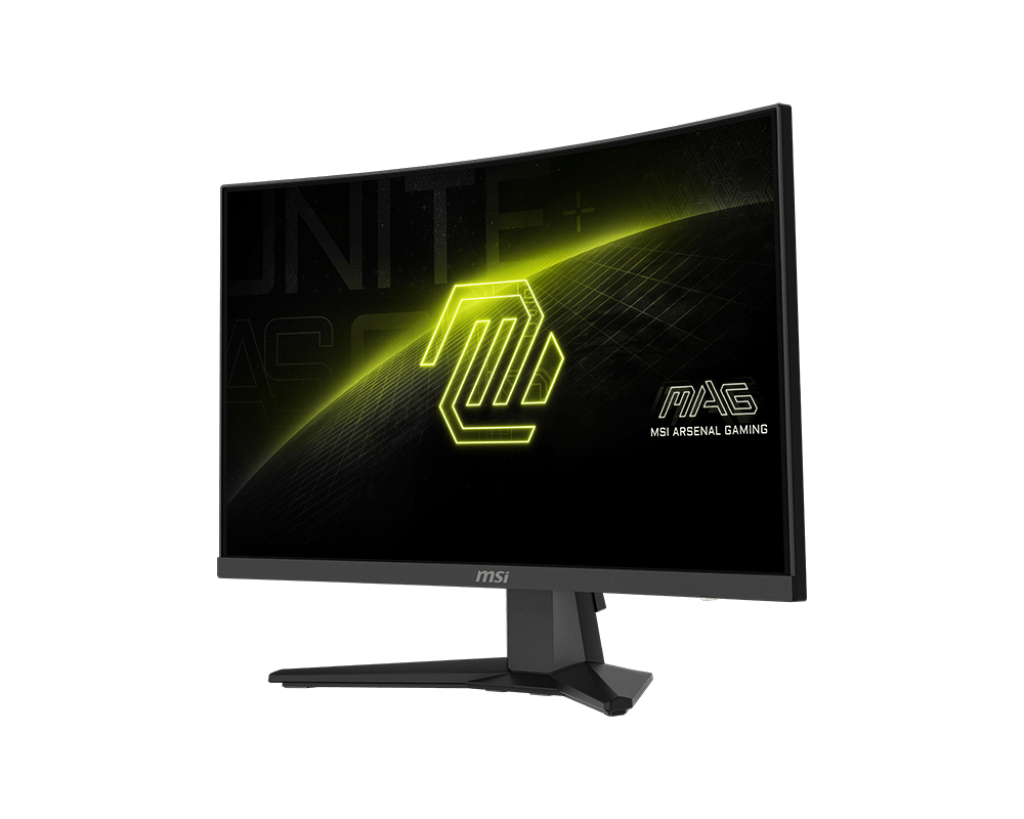Ívelt MSI gaming monitor fekete háttérrel. A képernyő sárga logót és szöveget jelenít meg. A monitor fekete, és állvánnyal rendelkezik.