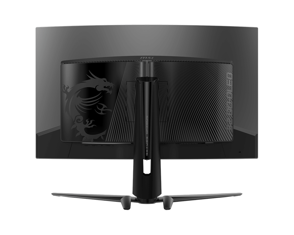 Fekete MSI gaming monitor hátulja. Sárkány logó a hátulján, alul állvánnyal és tartóval.