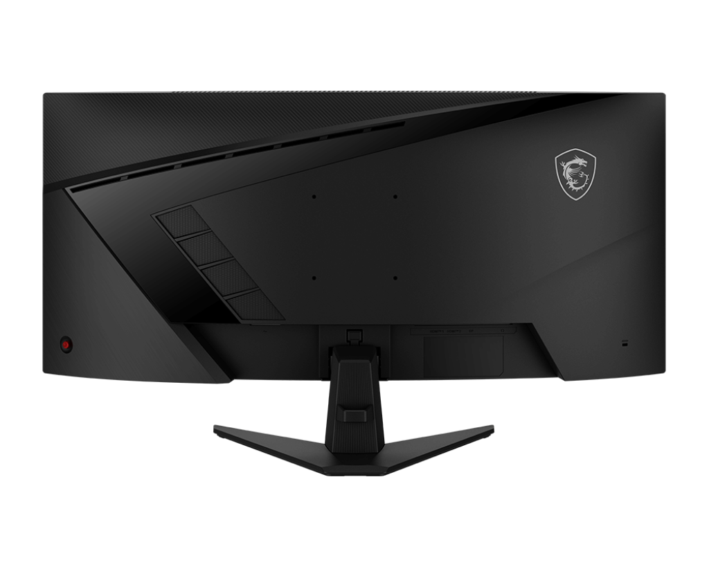 Egy fekete MSI monitor hátulja. Szellőzőnyílások, portok, állvány és az MSI logója látható. A háttér tömör fekete.