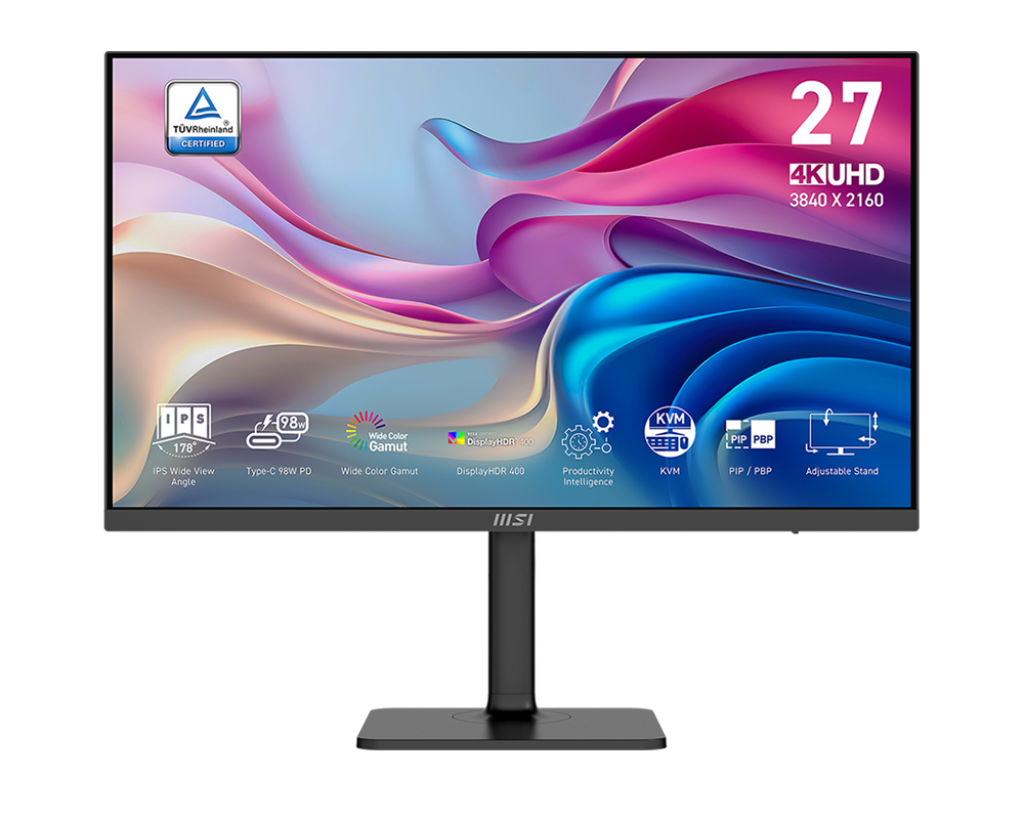 Egy 27 hüvelykes 4K UHD monitor IPS-sel, széles színtartománnyal és HDR 400-zal. Jellemzői: Type-C, KVM, PIP/PBP és állítható állvány.