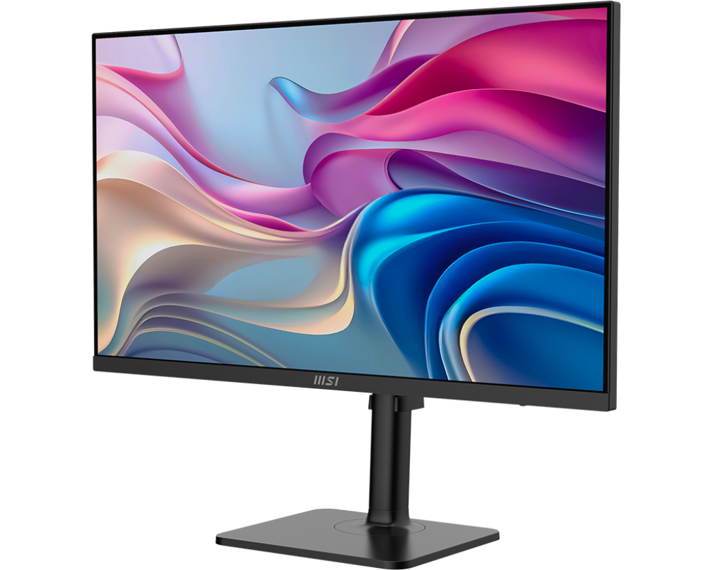 Egy fekete számítógép monitor absztrakt, színes kijelzővel. A monitor egy fekete állványon van, fekete háttér előtt. A márka az MSI.