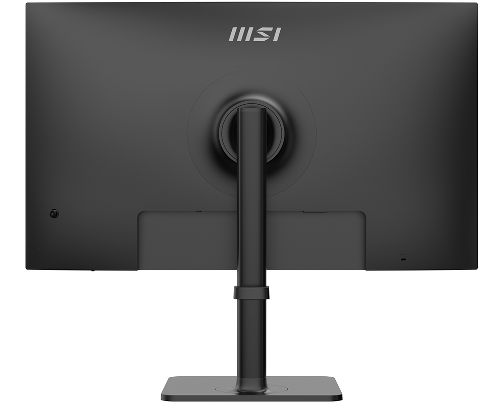 Egy fekete MSI monitor hátulja. Van egy állványa és a MSI logó a tetején. A háttér fehér, rácsmintával.