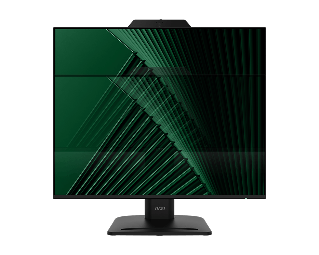 Egy fekete MSI monitor sötétzöld absztrakt dizájnnal a képernyőn. A monitor tetején kamera van, és fekete talapzaton áll.