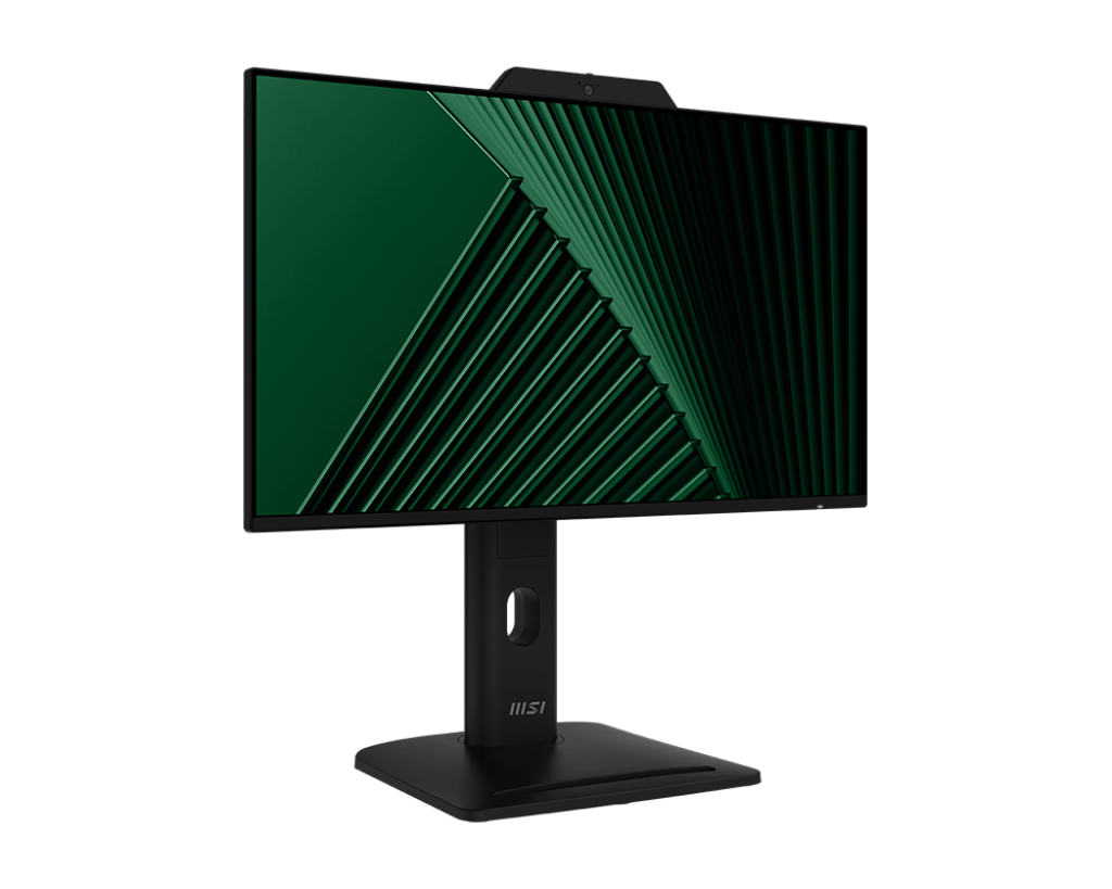 Fekete számítógép monitor zöld mintás képernyővel, fekete állványon, fekete háttér előtt.