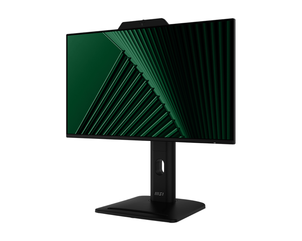 Egy fekete MSI monitor zöld absztrakt képpel a képernyőn, webkamerával és fekete állvánnyal. A háttér sötét.