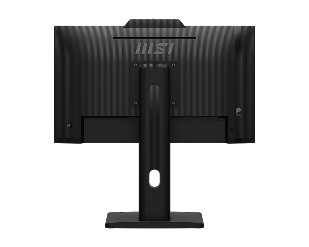 Fekete MSI monitor hátulról. Állvánnyal, portokkal és MSI logóval. A háttér fekete.