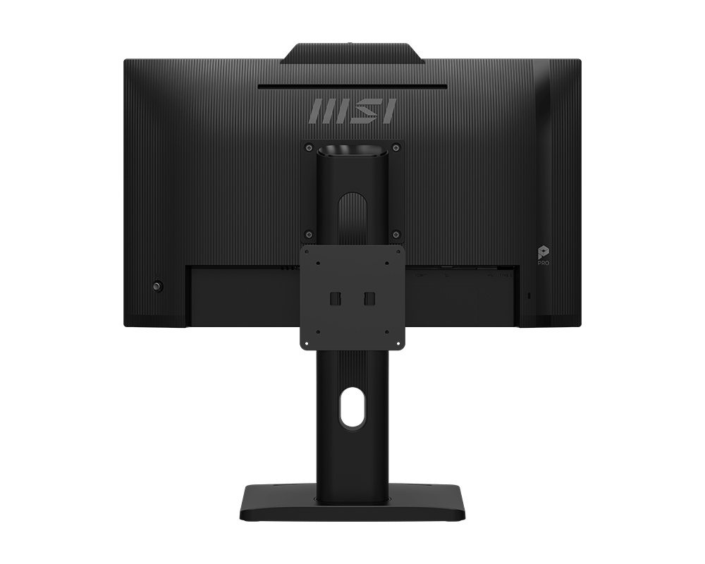 Egy fekete MSI monitor hátulnézete. Van egy állványa, portjai és az MSI logó. A háttér fekete.