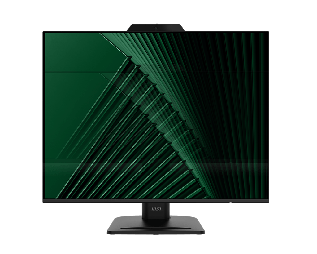 Egy fekete MSI monitor zöld absztrakt háttérrel. Webkamera van a tetején, alul pedig egy állvány. A képernyő zöld vonalakat jelenít meg.