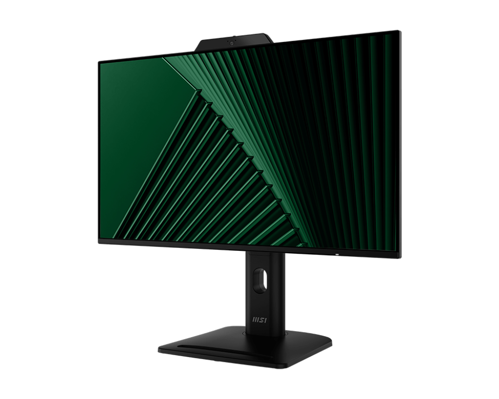 Fekete MSI monitor zöld absztrakt háttérrel. A monitor beépített kamerával rendelkezik, fekete állványon áll.