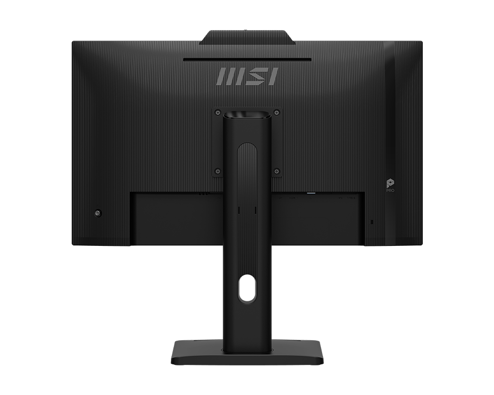 Fekete számítógép monitor hátulról, MSI logóval. Állványa, különböző portjai és egy PRO felirata van.