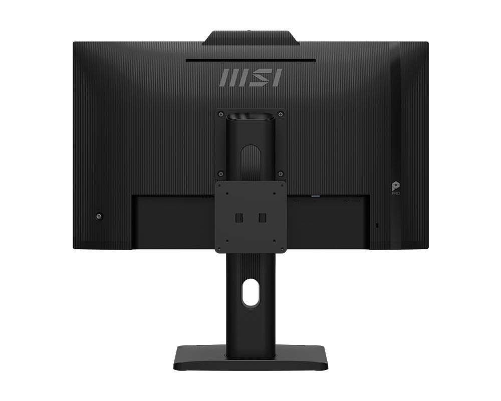 Egy fekete MSI monitor hátulja, MSI logóval, állvánnyal és különböző portokkal. A háttér fekete.
