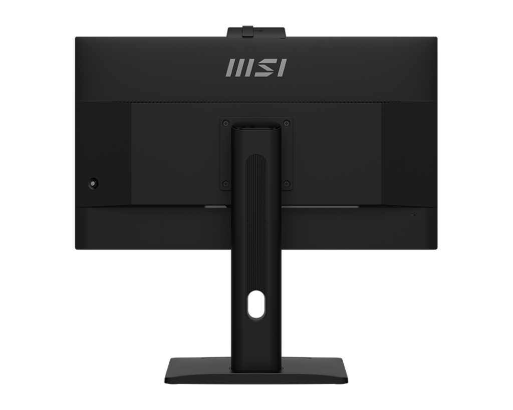 Egy fekete MSI all-in-one számítógép hátulnézete. A képernyő téglalap alakú. Az állvány a képernyő hátuljához van csatlakoztatva.