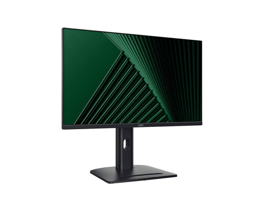 Egy fekete számítógép monitor zöld absztrakt háttérrel. A monitor egy fekete állványon áll, fekete háttér előtt.