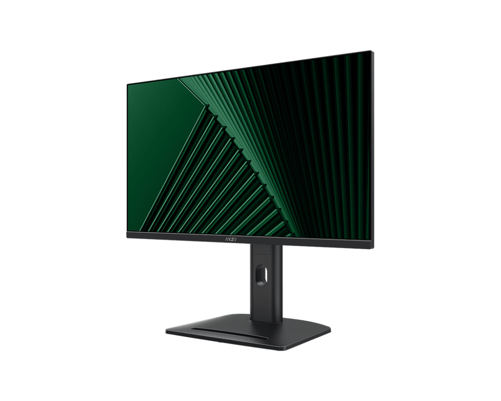 Egy fekete számítógép monitor zöld mintás képernyővel, fekete háttér előtt. A monitoron állvány van.