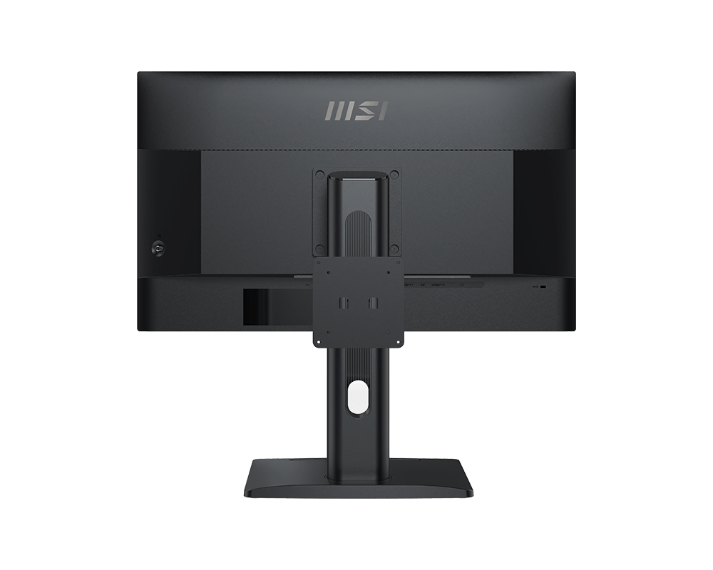 Egy fekete számítógép monitor hátulnézete. Állvánnyal és portokkal rendelkezik. A felső részen látható az MSI logója. A háttér fekete.