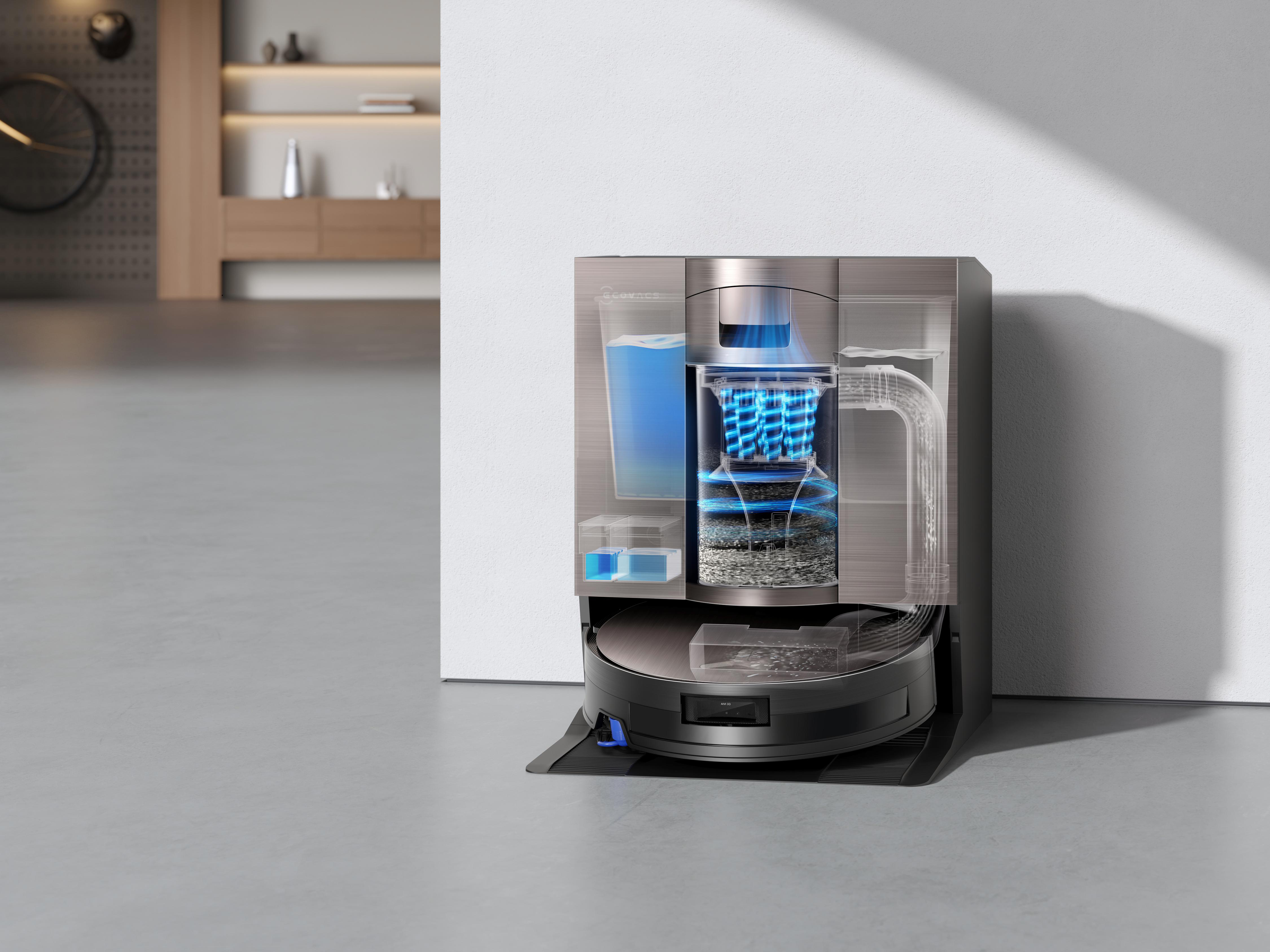 Schnittzeichnung eines Roboter-Staubsaugers, die interne Komponenten wie Wassertanks und Filter zeigt, vor modernem Hintergrund.