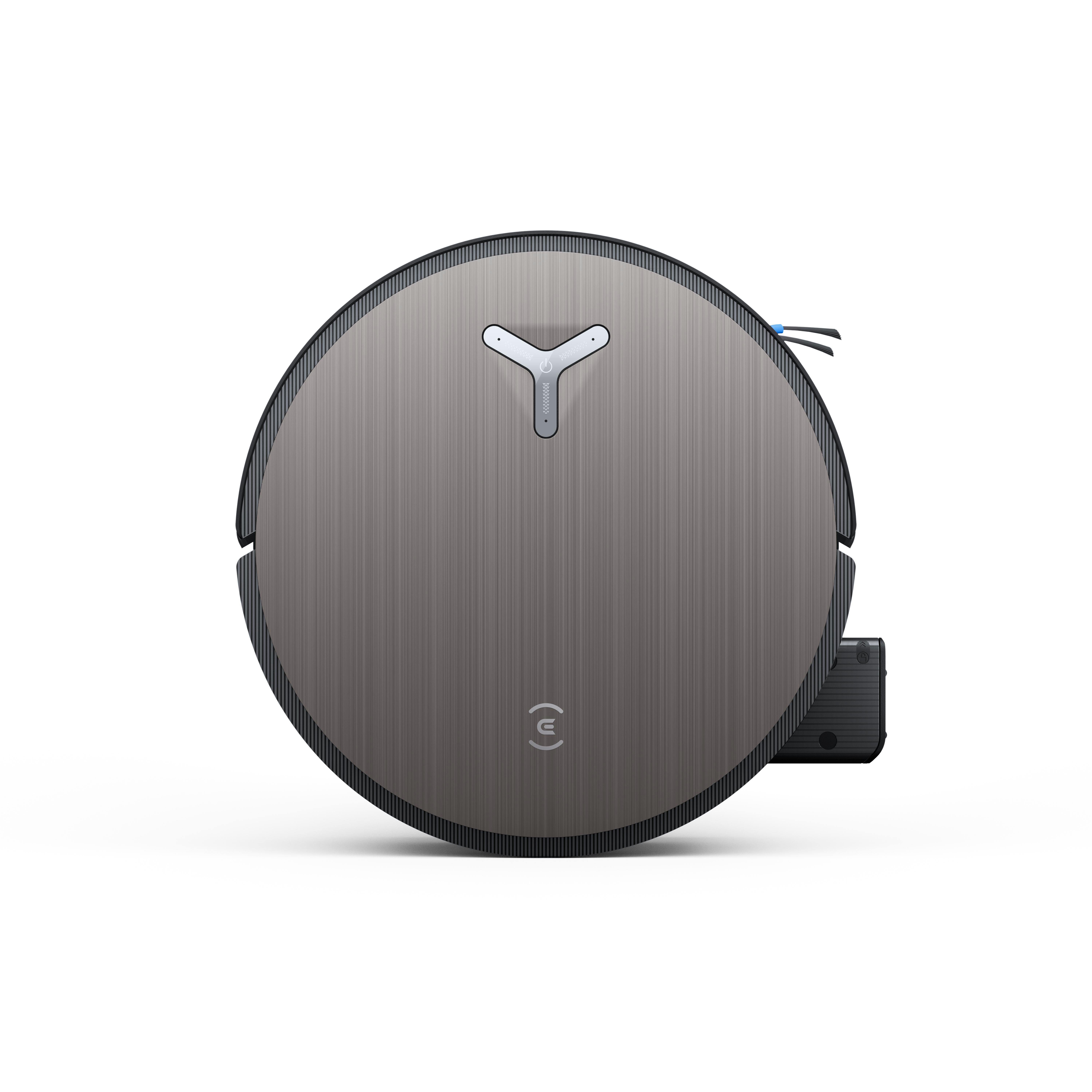 Ein grauer und schwarzer Roboterstaubsauger auf weißem Grund. Es hat eine gebürstete Metalloberfläche und einen Y-förmigen Knopf.