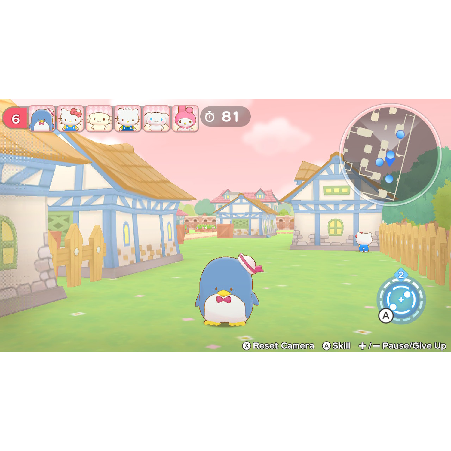 Een game scene met een blauw pinguïn karakter voor cartoon huizen. Er zijn andere karakters bovenaan het scherm.